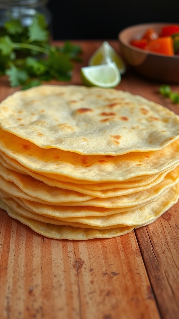 A stack of golden tortillas palmeadas on a wooden table with cilantro and lime.